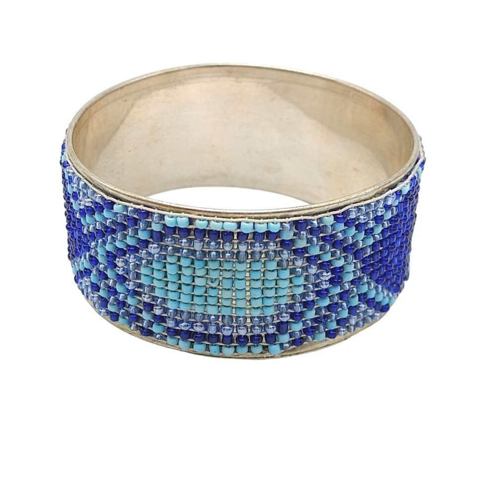 Blue Seed Beads Wide Bangle Bracelet Silver Tone Vintage